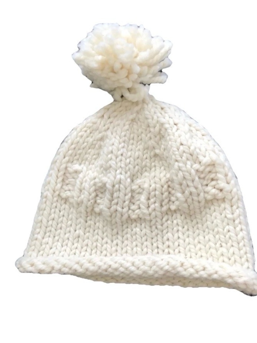 Ivory Cream White Wool Womens Winter Handmade Knit Pom Pom Hat One Size